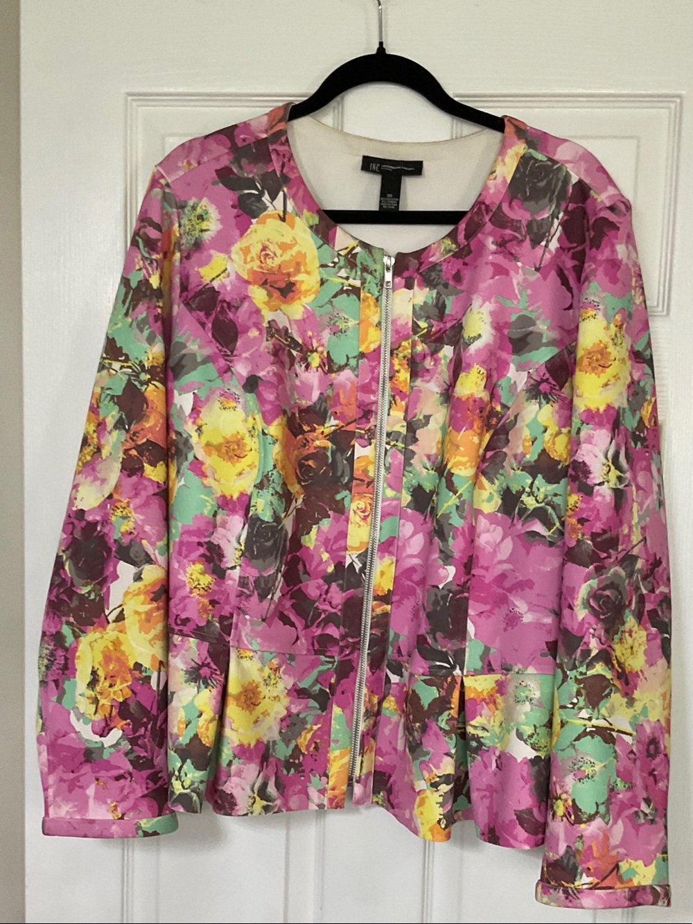 INC International Concepts Pink Floral Zip Jacket with Yellow & Mint Accents